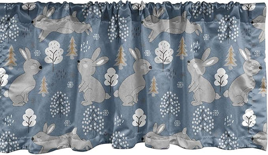 Ambesonne Bunny Window Valance, Continuous Pattern with Trees and Rabbits Snowflakes, Curtain Valance for Kitchen Bedroom Decor with Rod Pocket, 54" X 18", Blue Grey