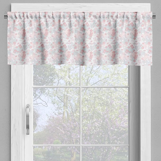 Ambesonne Cartoon Valance & Tier Curtain 3 pcs Set, Styled Cats Bats and Skulls Japanese Inspired Kawaii Design, Window Treatments for Kitchen Room Decor, 55" x 45", Pale Pink