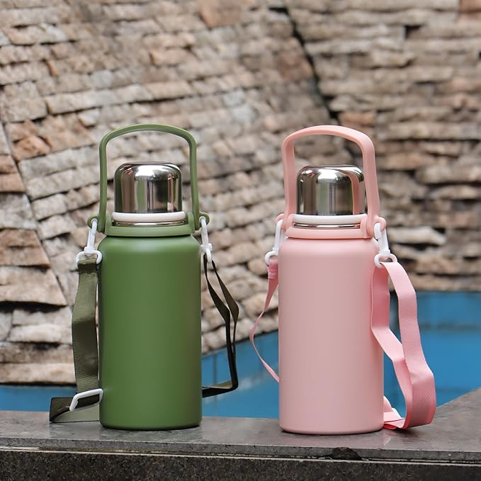 Qair 40 oz Insulated Thermos Stainless Steel Water Bottle with Handle, Strap, Strainer, Sports Travels Coffee Tea Bottle for Home Office Outdoor Pink 1200ml