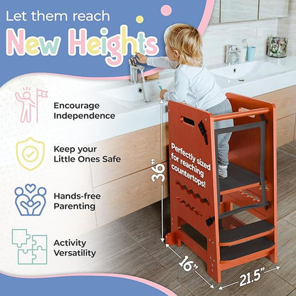 Toddler Tower Standing Stool - Montessori Learning Tower w/Activity Chalkboard & Non-Slip Foot - Toddler Step Stool for Bathroom Sink Kitchen Counter, Durable Wooden Step Stool for Toddlers