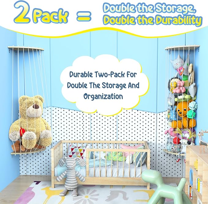 2 Pack Corner Stuffed Animal Storage, 6FT Wood Stuffed Animal Holder for Kids Room, Plushie Toys Shelf Organizer with Adjustable Length, Plush Toys Hanging Storag for Nursery Playroom Bedroom