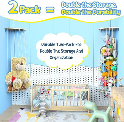 2 Pack Corner Stuffed Animal Storage, 6FT Wood Stuffed Animal Holder for Kids Room, Plushie Toys Shelf Organizer with Adjustable Length, Plush Toys Hanging Storag for Nursery Playroom Bedroom