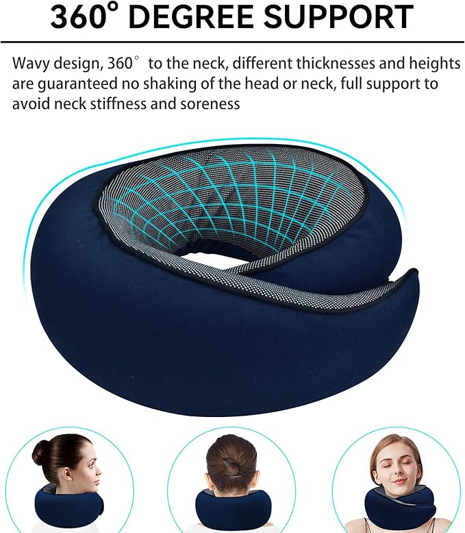 Travel Neck Pillow for Airplanes, 100% Pure Memory Foam Neck Support Pillow 360°Adjustable Full Surrounding Travel Pillow for Long Flights, Car, Train and Home Use, Navy Blue