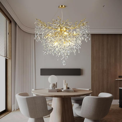 40 inch Crystal Chandelier for Dining Room, Round Gold Tree Branches Chandeliers, Top K9 Crystal Chandelier, Modern Chandeliers for Kitchen,Foyer Entryway,Luxury Adjustable Hanging Chandelier