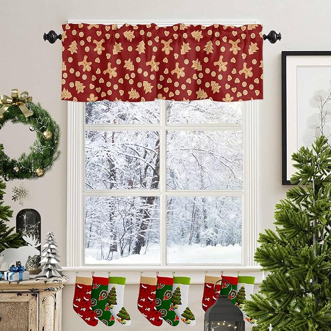 Vandarllin Christmas Kitchen Curtains Valances for Windows Red Merry Christmas Gingerbread Man Cookies Rod Pocket Window Treatment for Kitchen/Living Room/Bedroom/Bathroom,42" X 12" -1 Panel,