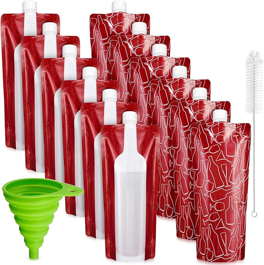 12 Pieces Foldable Plastic Wine Bags Plastic Wine Flasks Travel Pouches Wine Bottle Pouches with Collapsible Funnel and Bottle Cleaning Brush for Wine Liquor Beverages Travel Party Home Kitchen