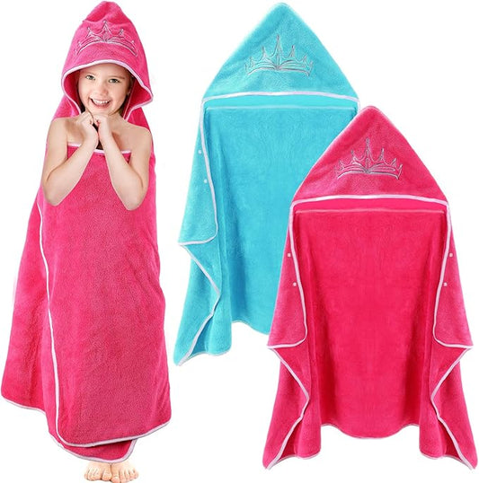 2 Pcs Princess Toddler Bath Towel Oversized Baby Hooded Bath Towel Thick Absorbent Soft Toddler Beach Towel for Kids Girls Up to 10 Years, 27 x 48 Inch, Pink and Blue