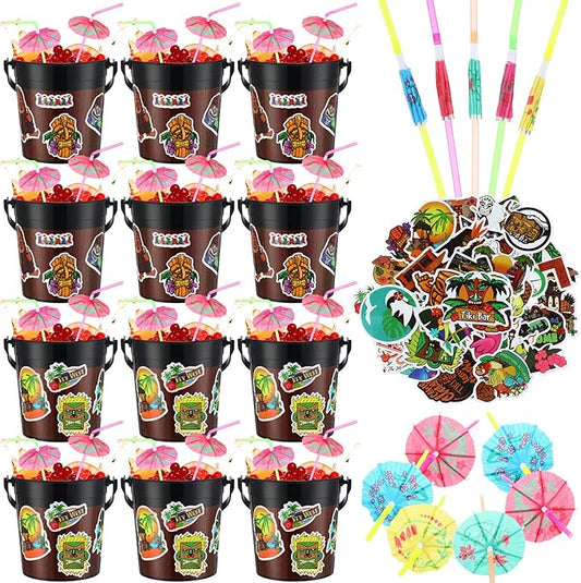 12 Pcs 32 oz Plastic Tiki Cocktail Rum Buckets for Drinks Beverage Tub Beer Bucket Drink Tubs for Luau Parties Ice Buckets with 100 Pcs Color Mixed Straws and 200 Pcs Hawaii Doodle Stickers