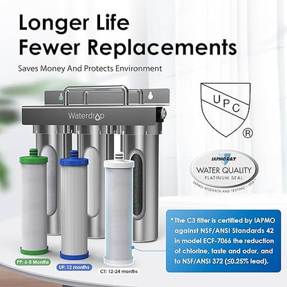 Waterdrop TST-UF 0.01μm Ultra-Filtration Under Sink Water Filter, Stainless Steel Water Filter for Sink, 5X Service Life, 99.99% of Contaminants Larger Than 0.01μm, Direct Connect to Kitchen Faucet