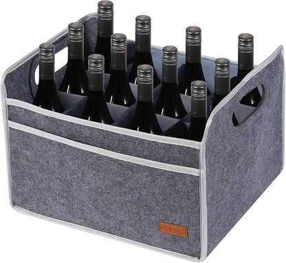 12 Bottle Wine Carrier, Thicken Felt Wine Carry Case Collapsible Wine Bottle Storage Box Liquor Bottle Tote with Handles for Travel, Party, Picnic (Gray)