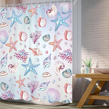 Starfish Seashell Shower Curtain 60Wx72L Inch Ocean Sea Underwater Coastal Nautical Marine Sealife Shower Curtain Bathroom Set Tropical Coral Plant Bath Curtain Bathtub Accessories Home Decor