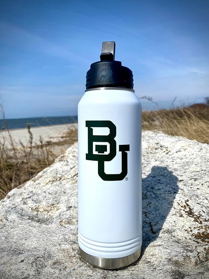 Baylor University Bears 32oz Stainless Steel Double Walled White Beverage Bottle with Flip Straw Spout – College Gear for Playoff Season – For Office, Home or Auto – Show your Baylor Pride