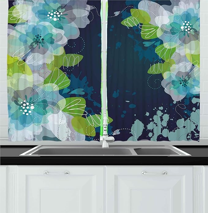 Ambesonne Navy Kitchen Curtains, Sketchy Abstract Blossoms Flowers with Leaves on Grunge Backdrop, Window Drapes 2 Panel Set for Kitchen Cafe Decor, 55" x 30", Green Navy