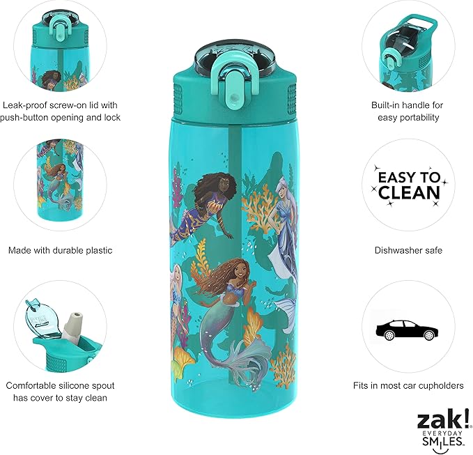 Zak Designs Disney The Little Mermaid 2023 Kids Water Bottle For School or Travel, 25oz, Durable Plastic, with Pop-Up Antimicrobial Spout and Cover, Handle, and Leak-Proof (Ariel and Sisters)