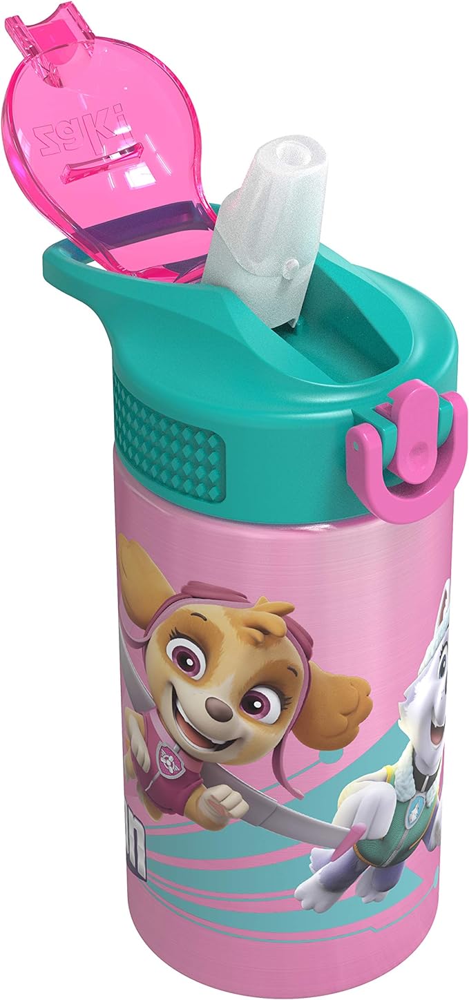 Zak Designs 18/8 Stainless Steel Kids Water Bottle with Flip-up Straw Locking Spout Cover, Durable Cup for Sports or Travel (15.5oz, Paw Patrol Skye),PWPT-S732