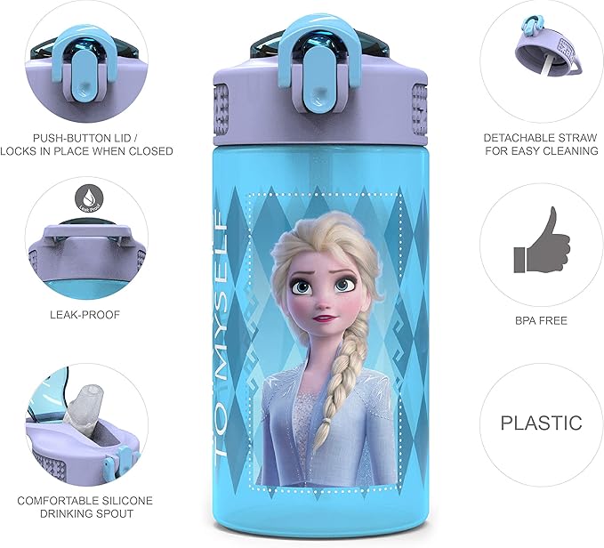 Zak Designs Disney Frozen 2 Kids Water Bottle Set with Reusable Straws and Built in Carrying Loops, Made of Plastic, Leak-Proof Designs 16 oz, BPA-Free, 2pc Set, Elsa & Anna (Frozen 2)