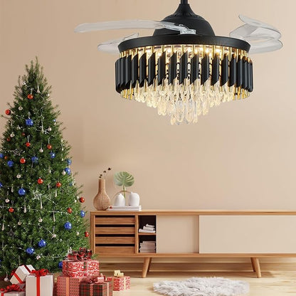 42" Black Chandelier Ceiling Fans with Lights Crystal Ceiling Fan Chandelier Ceiling Fan with Lights Retractable Blade Fandelier Bladeless Ceiling Fans for Dinning Room Living Room Kitchen Foyer