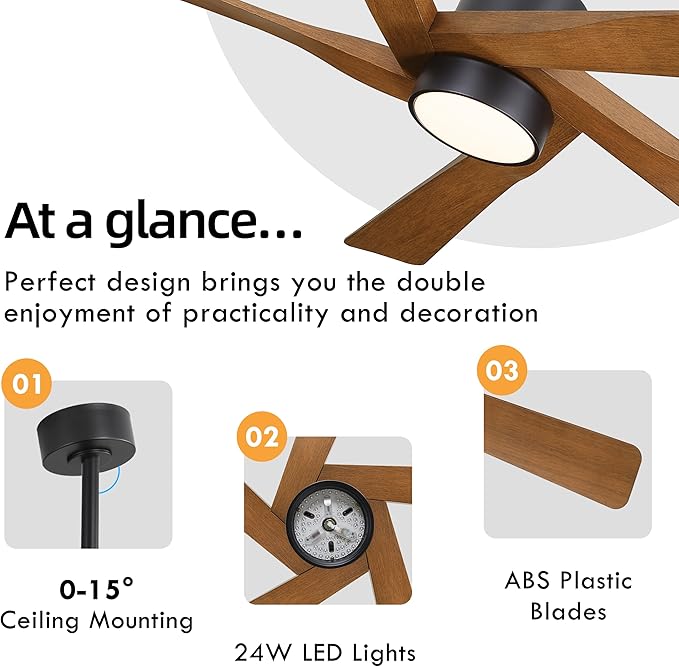 WINGBO 54" ABS DC Ceiling Fan with Lights, 5 Blade ABS Plastic Ceiling Fan with Remote, 6-Speed Reversible DC Motor, LED Ceiling Fan for Kitchen Bedroom Living Room, Black and Walnut