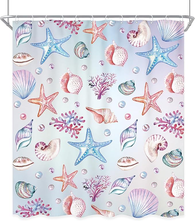 Starfish Seashell Shower Curtain 60Wx72L Inch Ocean Sea Underwater Coastal Nautical Marine Sealife Shower Curtain Bathroom Set Tropical Coral Plant Bath Curtain Bathtub Accessories Home Decor