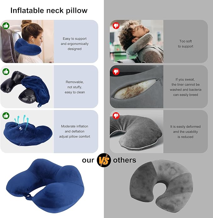 Neck Pillow, Inflatable Travel Pillows for Sleeping to Avoid Neck and Head Pain, Soft & Support Travel Essentials for Flight Headrest Sleep/Car/Office&Home Rest Use (Blue)