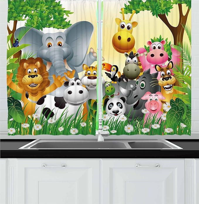 Ambesonne Animal Kitchen Curtains, Animals in Jungle Elephant Giraffe Panda Bear Pig Lion Hippo Rhino Cartoon Art, Window Drapes 2 Panel Set for Kitchen Cafe Decor, 55" x 24", Yellow Pastel