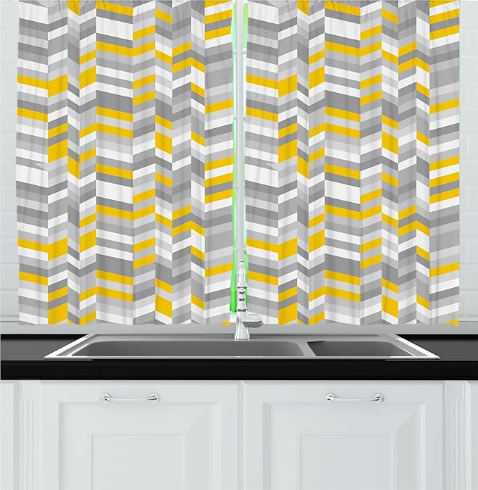 Ambesonne Grey and Yellow Kitchen Curtains, Geometric Vintage 60s Home Pattern Inspired Herringbone Zig Zag Lines, Window Drapes 2 Panel Set for Kitchen Cafe Decor, 55" x 24", Yellow Grey