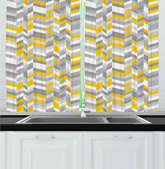 Ambesonne Grey and Yellow Kitchen Curtains, Geometric Vintage 60s Home Pattern Inspired Herringbone Zig Zag Lines, Window Drapes 2 Panel Set for Kitchen Cafe Decor, 55" x 30", Yellow Grey