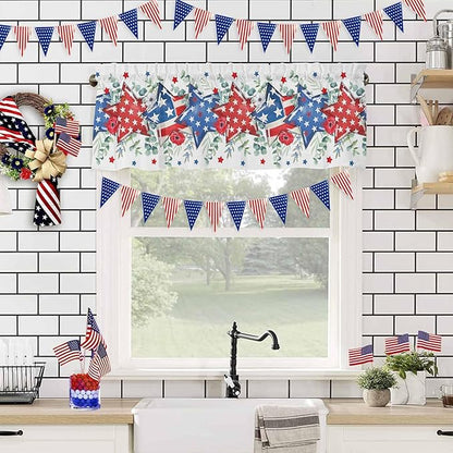 4th of July Kitchen Curtains Valances for Windows Patriotic Memorial Day Rod Pocket Window Treatment for Kitchen /Living Room/Bedroom/ Bathroom, 54" X 18", American Flag Stars Summer Poppy Eucalyptus