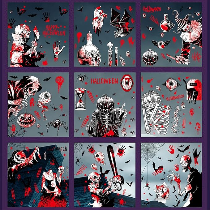 9 Pcs Bloody Halloween Window Clings Horror Skeleton Clown Window Decals Evil Eye Cat Window Stickers for Glass Day of The Dead Bat Spider Window Decorations for School Home Office Party Supplies