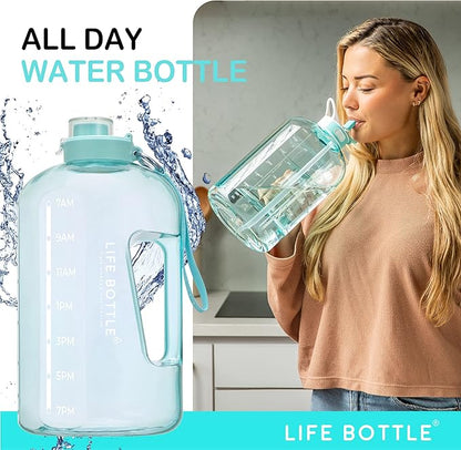 1 Gallon Water Bottle with Straw Lid and Chug Lid, Big Leakproof Water Jug with Time Marker, No Quotes. 128 oz Water Bottle with Handle and Straw, BPA Free