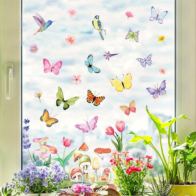 8 Sheets Butterfly Floral Window Clings Summer Floral Static Window Stickers Refrigerator Glass Party Decorations Add Joy to The Season and Home Decoration