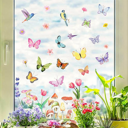 8 Sheets Butterfly Floral Window Clings Summer Floral Static Window Stickers Refrigerator Glass Party Decorations Add Joy to The Season and Home Decoration