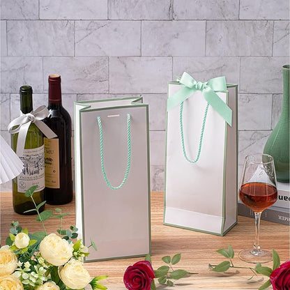 12 Pcs Wine Gift Bag with Ribbon Bow Reusable Liquor Bag with Foil Print Wine Bag Elegant Thank You Wine Gift Bag for Christmas Valentine's Day Wedding Shower Birthday Holiday (White Green)