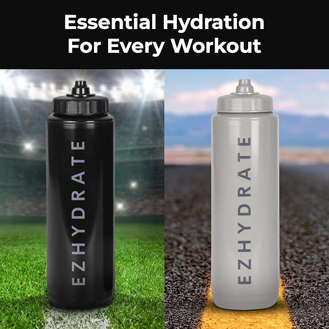 2 Pack Black & Grey 32oz Squeeze Water Bottles - Sports Water Bottles For Football, Hockey, Athletic Training, Bike & Cycling - Reusable Squirt Bottle Set, BPA-Free, Perfect for Gym, Travel