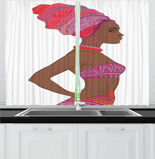 Ambesonne African Kitchen Curtains, Zulu Woman with Bandage Dress Necklace Female Illustration, Window Drapes 2 Panel Set for Kitchen Cafe Decor, 55" x 30", Chocolate Purple