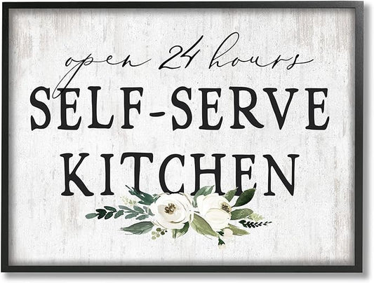 Stupell Industries Self-Serve Kitchen Sign White Flowers 24 Hours Black Framed Wall Art, 20 x 16