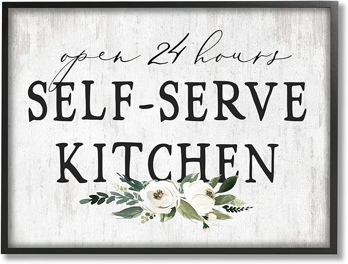 Stupell Industries Self-Serve Kitchen Sign White Flowers 24 Hours Black Framed Wall Art, 30 x 24