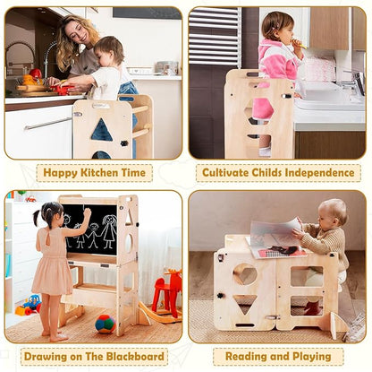 4-in-1 Toddler Kitchen Step Stool, Foldable Learning Standing Tower with Blackboard, Wooden Kitchen Stool Helper for Kids, 1-3 Year Old Boy Girl Gifts