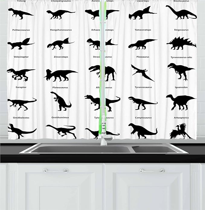 Ambesonne Dinosaur Kitchen Curtains, Composition Different Dinosaurs Silhouettes with Their Names Evolution Wildlife, Window Drapes 2 Panel Set for Kitchen Cafe Decor, 55" x 36", White Black