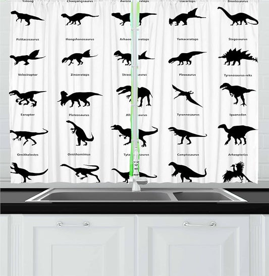 Ambesonne Dinosaur Kitchen Curtains, Composition Different Dinosaurs Silhouettes with Their Names Evolution Wildlife, Window Drapes 2 Panel Set for Kitchen Cafe Decor, 55" x 24", White Black