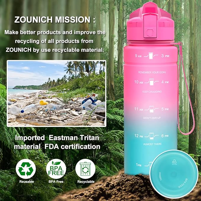 ZOUNICH Tritan BPA Free Water Bottle with Time Marker - 32oz/24oz/17oz Leakproof Motivational Sports Water Bottles to Ensure You Drink Enough Water Throughout The Day for Fitness and Outdoor Activity