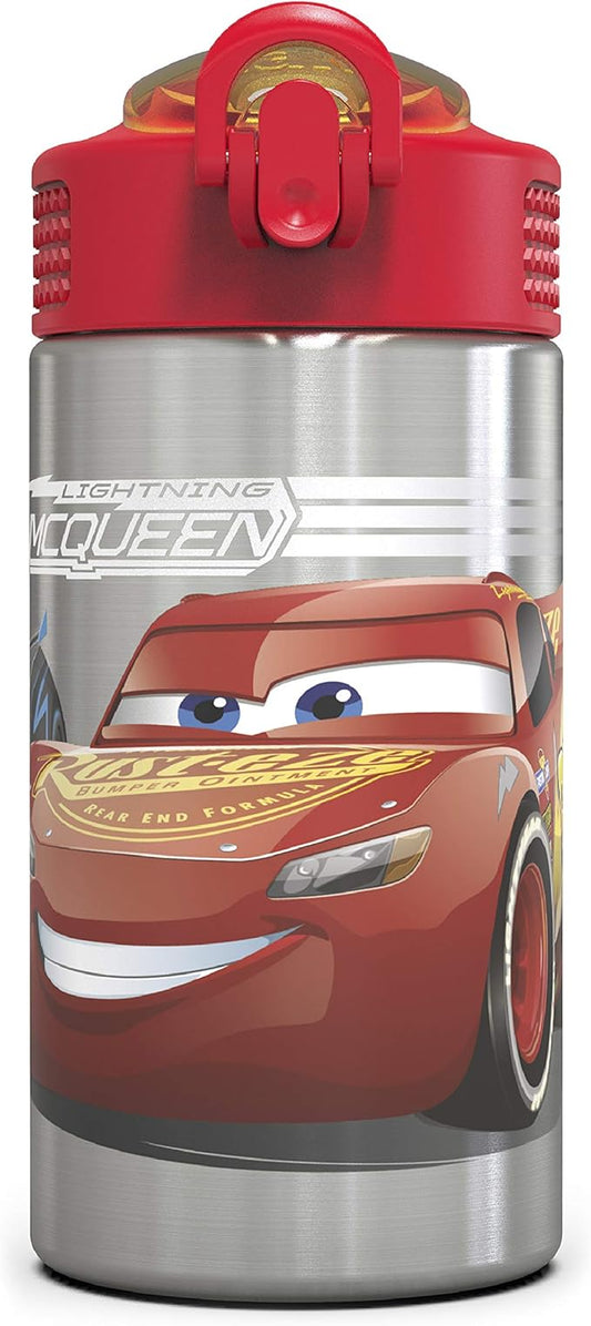 Zak Designs Disney Cars 3 - Stainless Steel Water Bottle with One Hand Operation Action Lid and Built-in Carrying Loop, Kids Water Bottle with Straw Spout is Perfect for Kids (15.5 oz, 18/8, BPA-Free)