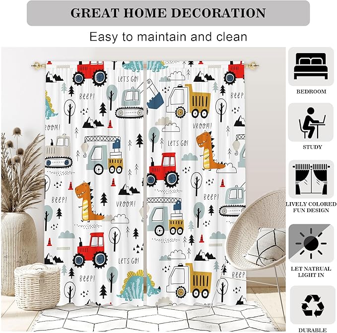 82" Wx 84" L Cartoon Engineering Car Window Curtains Lovely Dinosaur for Baby Room Bedroom Nursery Home Decor Decorations with Fabric Machine Washable