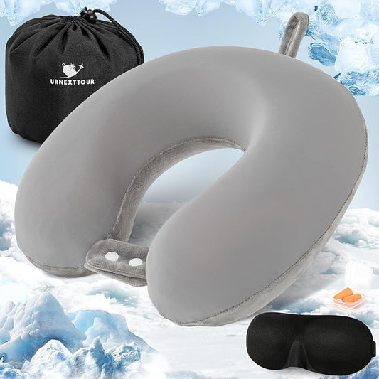 Cooling Travel Pillow, Neck Pillow Airplane Memory Foam Double-Side with Sleep Mask Earplugs, Soft & Support Airplane Pillow for Travelling Plane Car Train Home Use, Grey