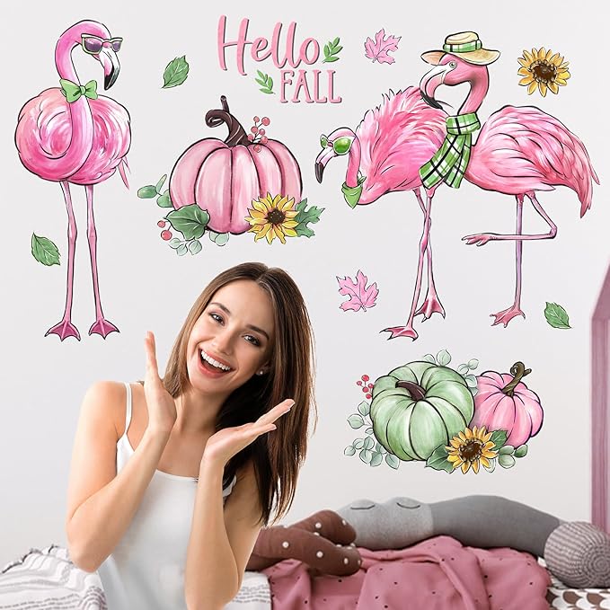 Mfault Hello Fall Flamingo Wall Decals Stickers, Autumn Pink Green Pumpkin Decorations Bedroom Art, Seasonal Sunflower Home Kitchen Living Room Decor