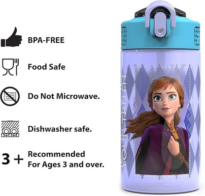 Zak Designs Disney Frozen 2 Kids Water Bottle Set with Reusable Straws and Built in Carrying Loops, Made of Plastic, Leak-Proof Designs 16 oz, BPA-Free, 2pc Set, Elsa & Anna (Frozen 2)