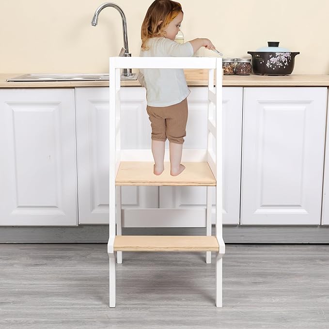 Toddler Kitchen Step Stool White Helper Standing Tower with Anti-Slip Protection for Kids Kitchen Counter Learning (Large, White)