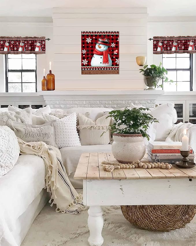 Vandarllin Christmas Kitchen Curtains Valances for Windows Funny Snowman Snowflake Rod Pocket Window Treatment for Kitchen/Living Room/Bedroom/Bathroom,60" X 18" -1 Panel, Red Farmhouse