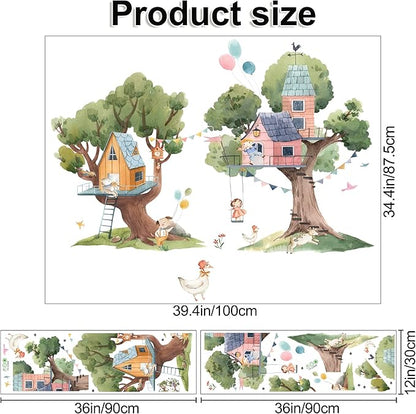 2 PCS Cartoon Tree Wall Stickers House Wall Decals DIY Removable 3D Forest Wall Stickers for Kids Girls Boys Bedroom Nursery Classroom Bathroom Kitchen Playroom Living Room Home Decoration (B)