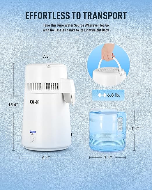 CO-Z 1.1 Gallon Water Distiller, 750W Countertop Home 4L Distilled Clean Water Maker Office Countertop Distiller Water Making Machine, Distill Distilling Water Purifier Distillers